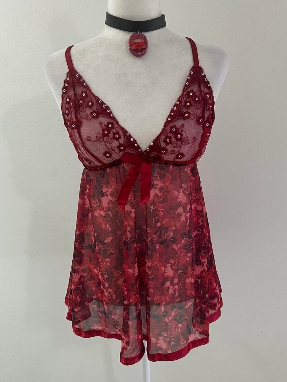 Red Floral Lace Sheer Babydoll Nightie with Ribbon